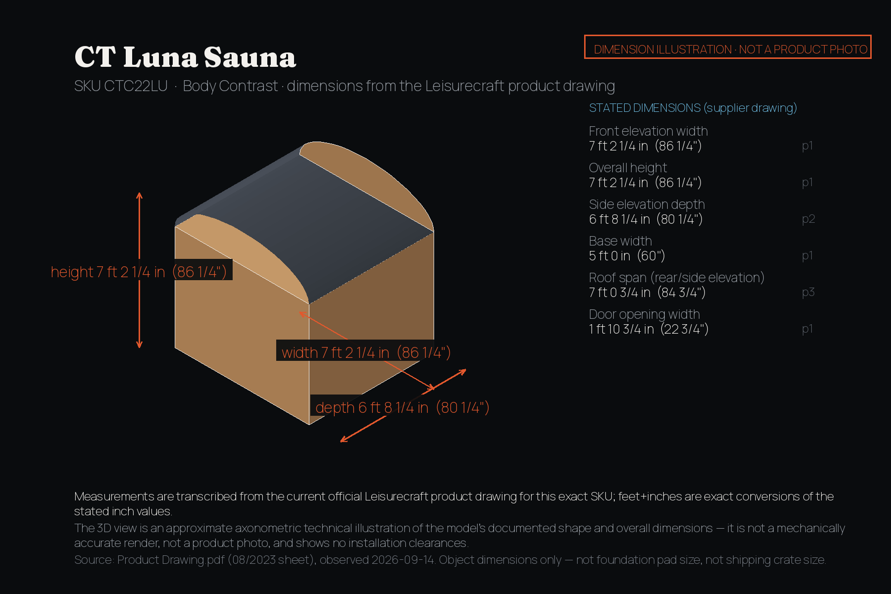 CT Luna Sauna dimension illustration: approximate axonometric technical drawing labelled with exterior dimensions in feet and inches from the Leisurecraft product drawing. Not a product photo.