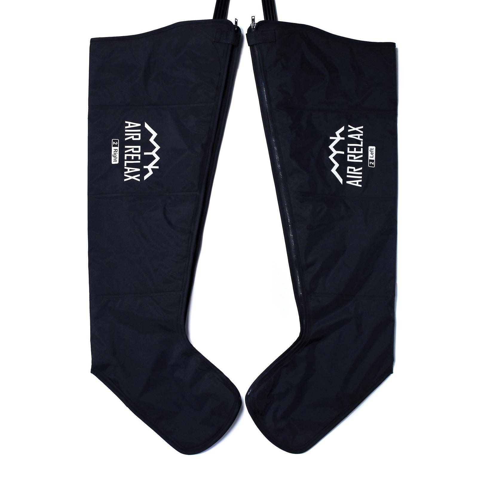 AIR RELAX AR-3.0 & AR-2.0 LEG SLEEVES — Pair of black leg sleeves showing different logo angles