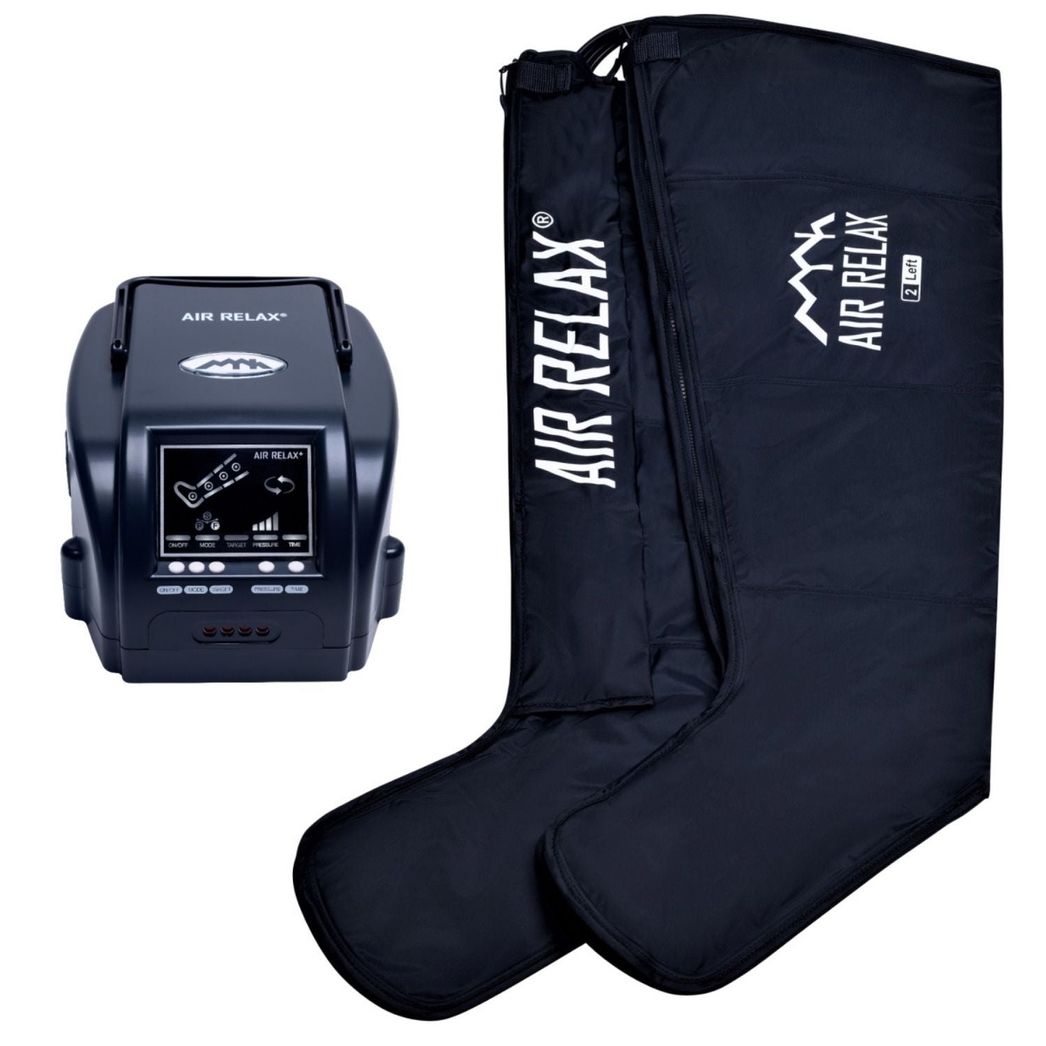 AIR RELAX PLUS AR-3.0 LEG RECOVERY SYSTEM — Leg sleeves and control unit shown together on white background