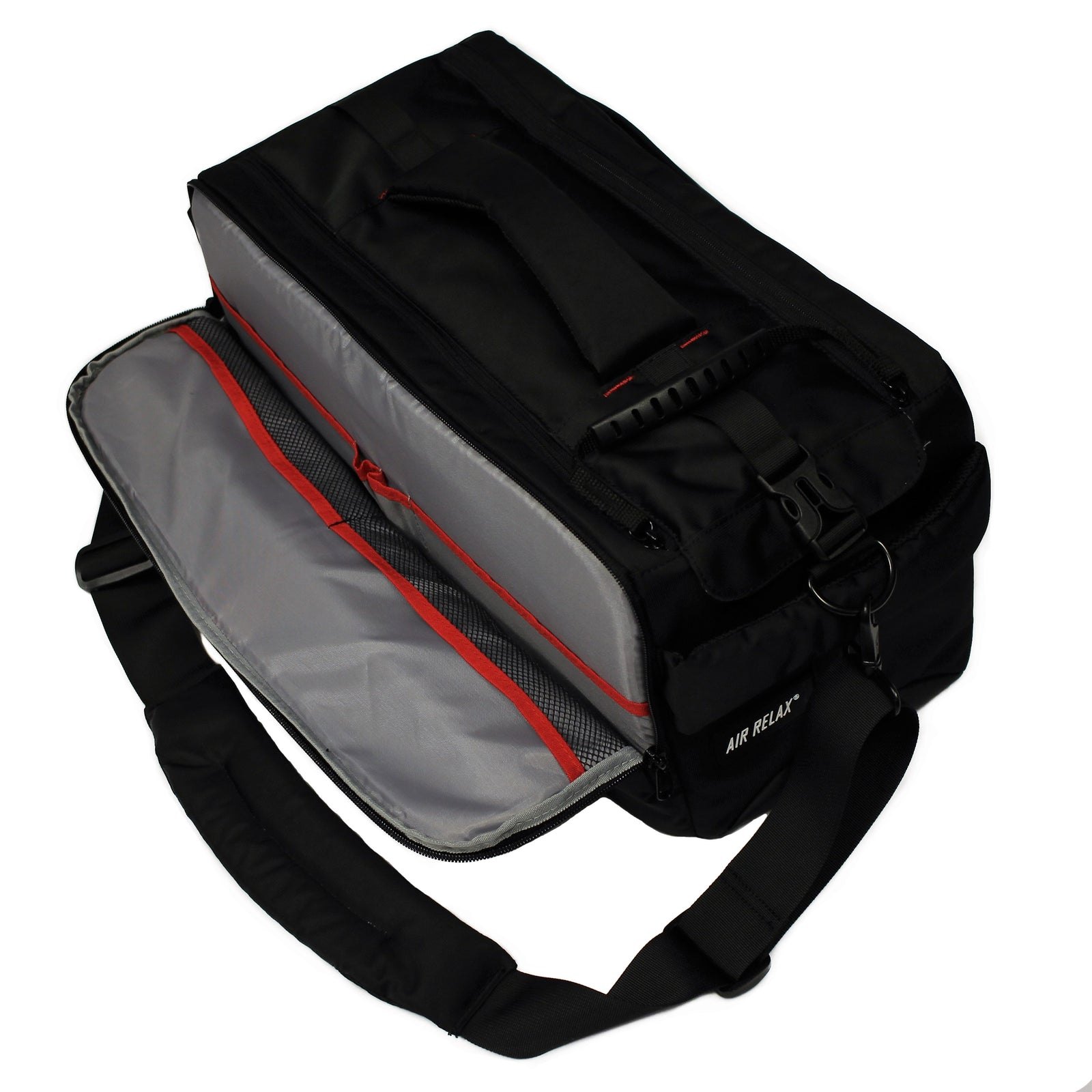 CARRYING CASE - AIR RELAX SYSTEM — Carrying case with top flap open showing grey interior lining