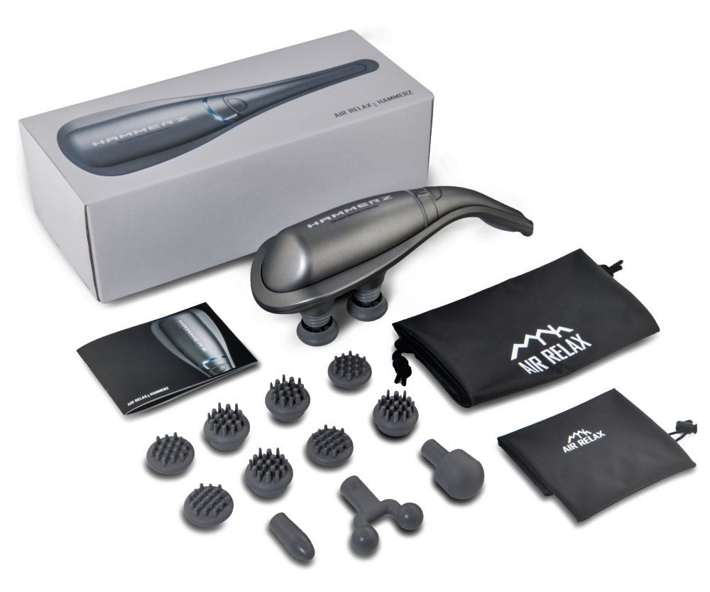 HAMMERZ MASSAGE DEVICE WITH TRIPLANAR VIBRATION TECHNOLOGY — Hammerz product kit with box, manual, attachments, and pouch