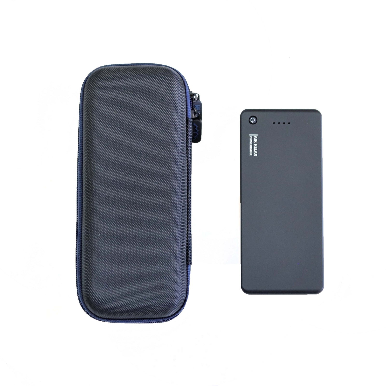 AIR RELAX AR-3.0 & AR-4.0 POWER BANK (2nd Generation) — Black power bank standing next to its blue zipped hard case